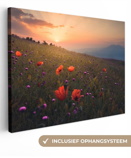 Canvas schilderij 40x30 cm - Wanddecoratie Bloemenveld - Gras - Bloemen - Planten - Zonsondergang - Oranje - Muurdecoratie woonkamer - Slaapkamer decoratie - Kamer accessoires - Schilderijen op canvas