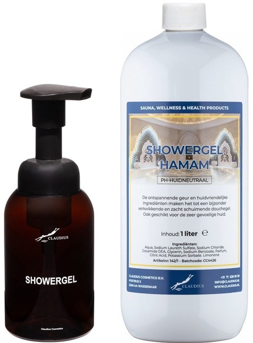 Zeepdispenser 300 ml amber bruin hervulbaar + 1 liter Showergel Hamam navulling