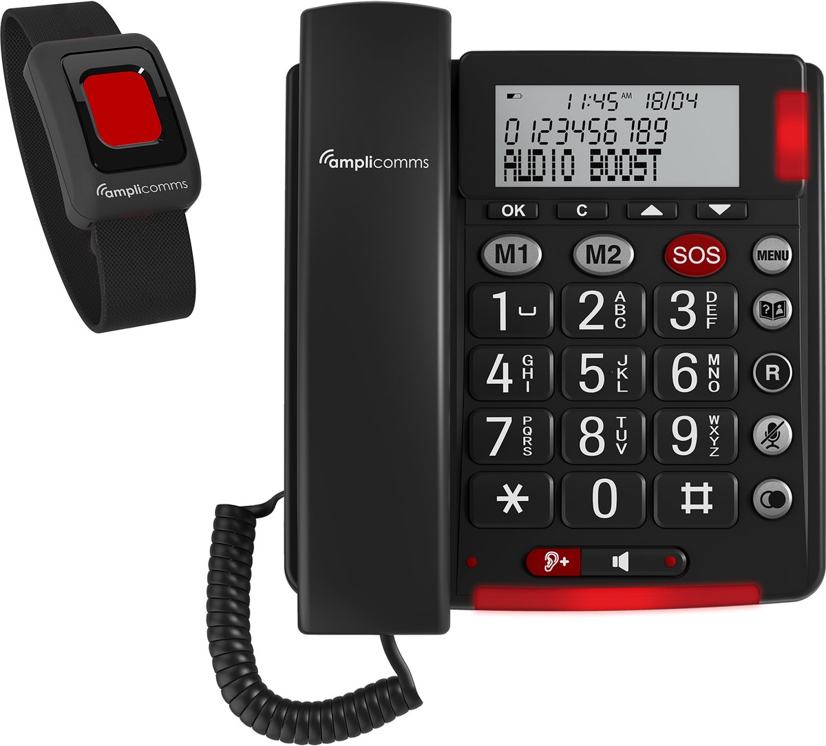 AMPLICOMMS BigTel50+ Telefoon - SOS-armband - grote toetsen - 40 dB versterking - geschikt voor SLECHTHORENDEN