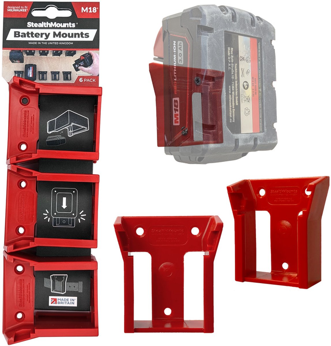 StealthMounts BM-MW18-RED-6 Accuhouder voor Milwaukee M18 - Rood - 6-pack