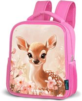 NoBoringSuitcases.com® - Rugzak roze - Schooltas meisjes - Hertje - Ogen - Stippen - Bloemen - Kinder rugtas meisje - Boekentas kind - Kinderrugzak voor school - Schoolrugzak