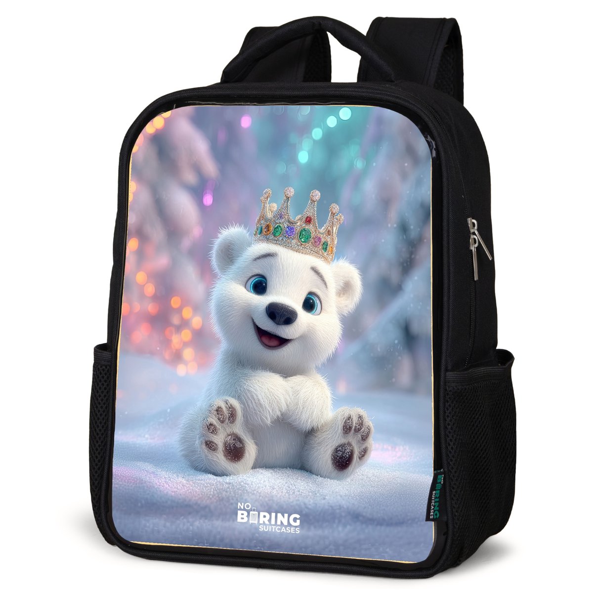 NoBoringSuitcases.com® - Rugzak zwart meisjes - Schooltas meisje - NoBoringSuitcases.com® - Rugzak zwart - Schooltas jongen & meisje - IJsbeer - Kroon - Winter - Rugtas voor school - Boekentas kind - Schoolrugzak - Kinderrugzak