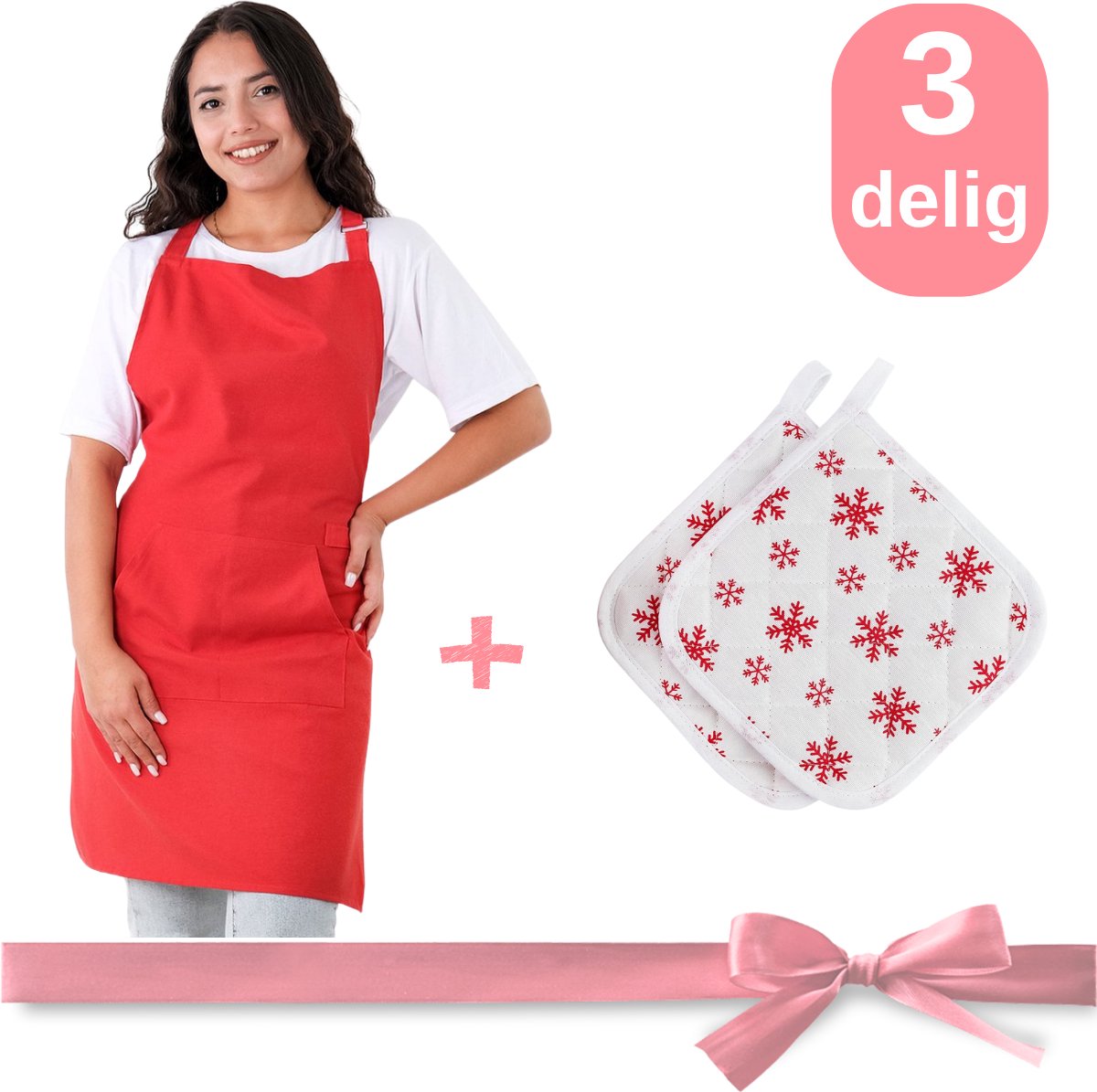 Pedra Master Keukenschort - Rood - 60 x 80 cm - met 2 Pannenlapen Sneewvlokken Patroon - Kookschort met zakken Horeca kleding bedieningsschort dames Restaurant Schort voor vrouwen