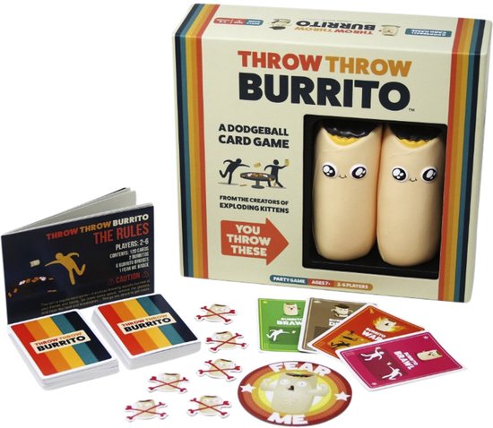 Speluitzetting van Throw Throw Burrito: speldoos, twee burrito's, regels en kaarten.