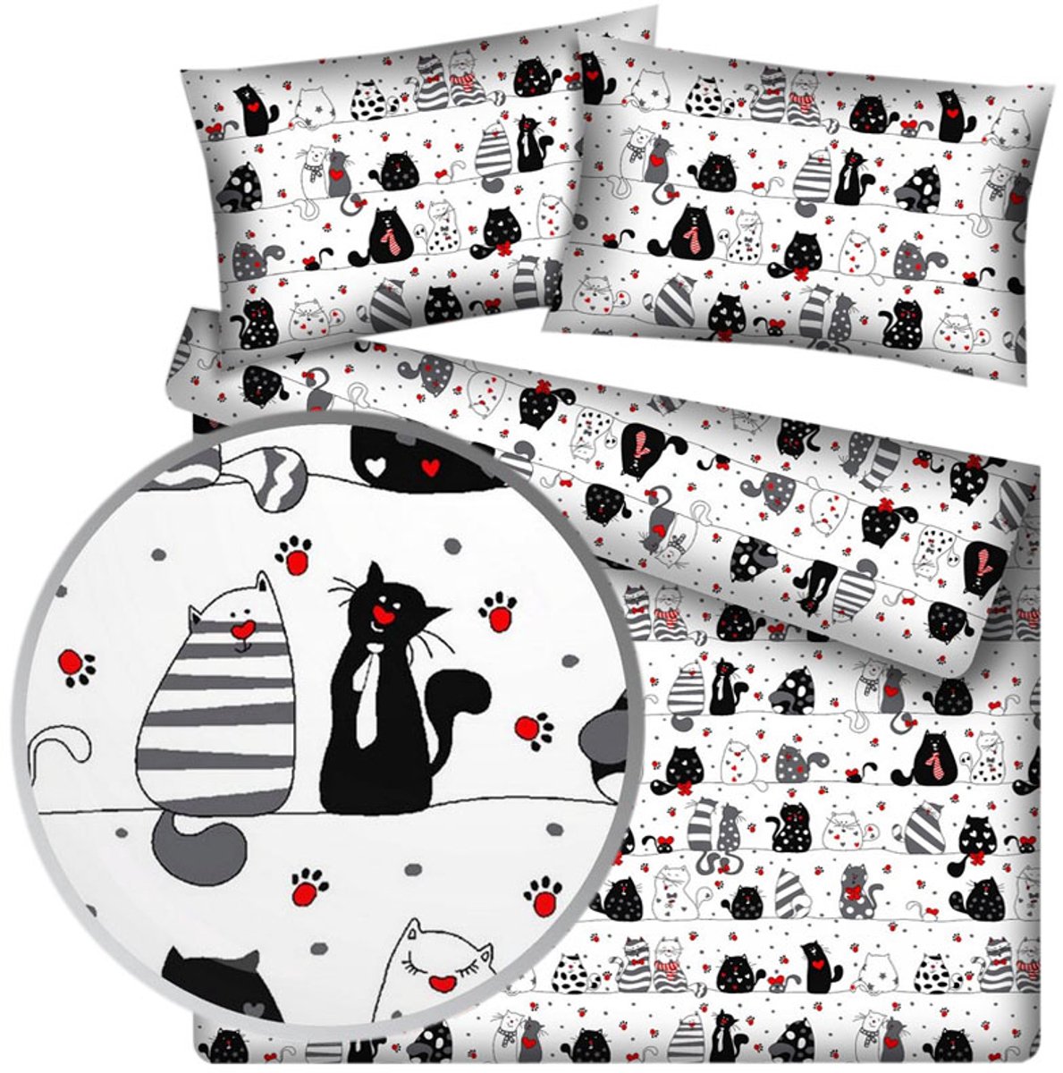 Dekbedovertrek Katoen Zwart-Wit Katten 160x200 cm
