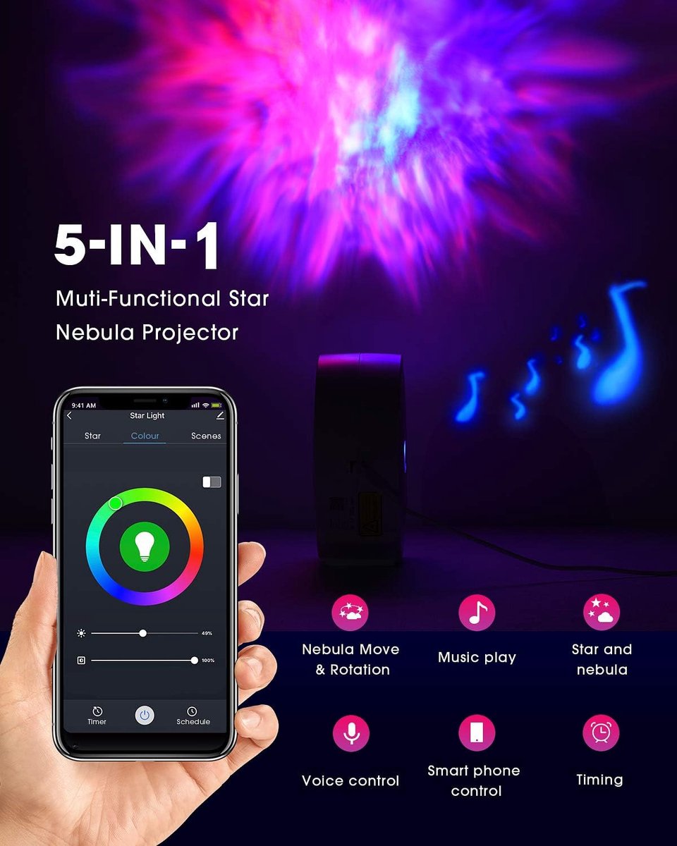Smart sterrenhemelprojector, 3D-projector voor sterrenhemel, led, voor kinderen en volwassenen, met RGB, dimmen/spraakbesturing wifi-verbinding, voor gebruikt thuis of bij feestjes, wit – foto 2