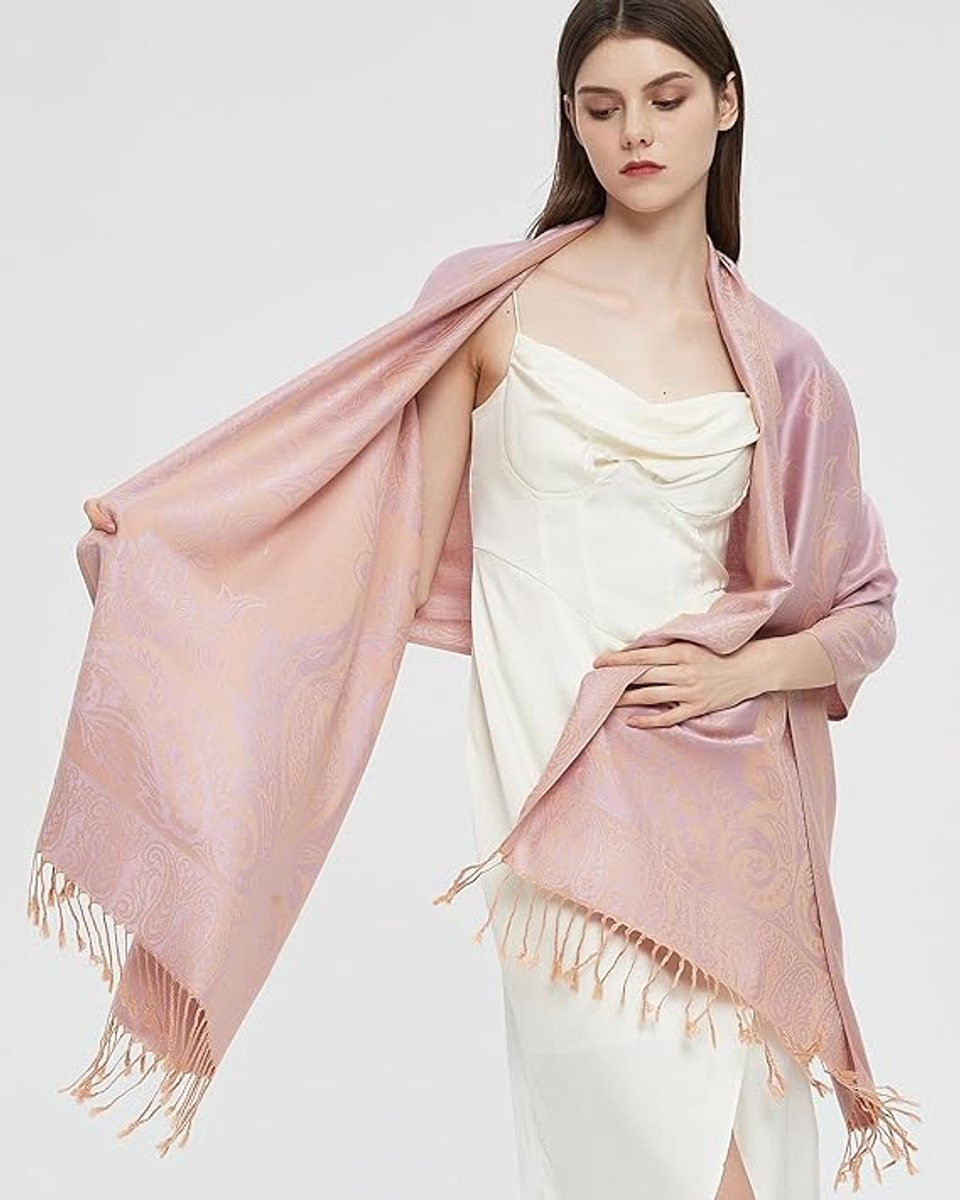 Pashmina sjaal wrap met etnische paisley Two Tone Jacquard sjaal voor dames - lengte 180 cm met franjes (10 cm franjes aan elke kant), breedte: 60 cm - paisley roze