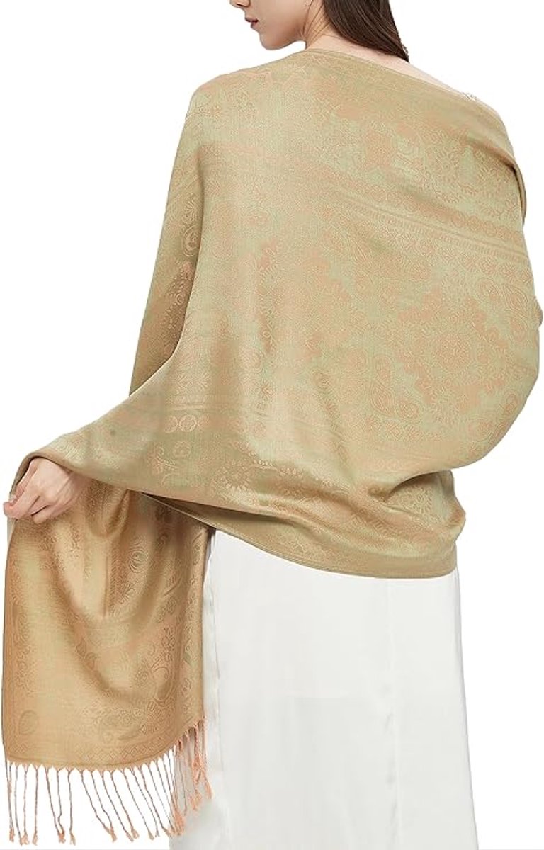 Pashmina sjaal wrap met etnische paisley Two Tone Jacquard sjaal voor dames - lengte 180 cm met franjes (10 cm franjes aan elke kant), breedte: 60 cm - lichtgroen