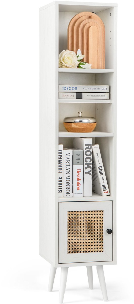 COSTWAY Hoge kast rotan, badkamerkast met 4 planken, houten poten en rotandeur, commode sm