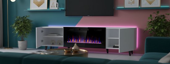 TV-Meubel, Lowboard, 200x57x35cm, Voor Tv's Tot 80, Elektrische Haard Industrieel Design Eiken Zwart 1