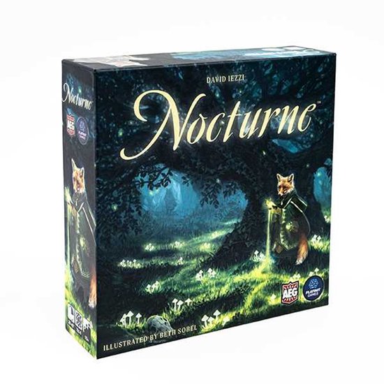 Doos van het bordspel Nocturne met vos in mantel in boslandschap.