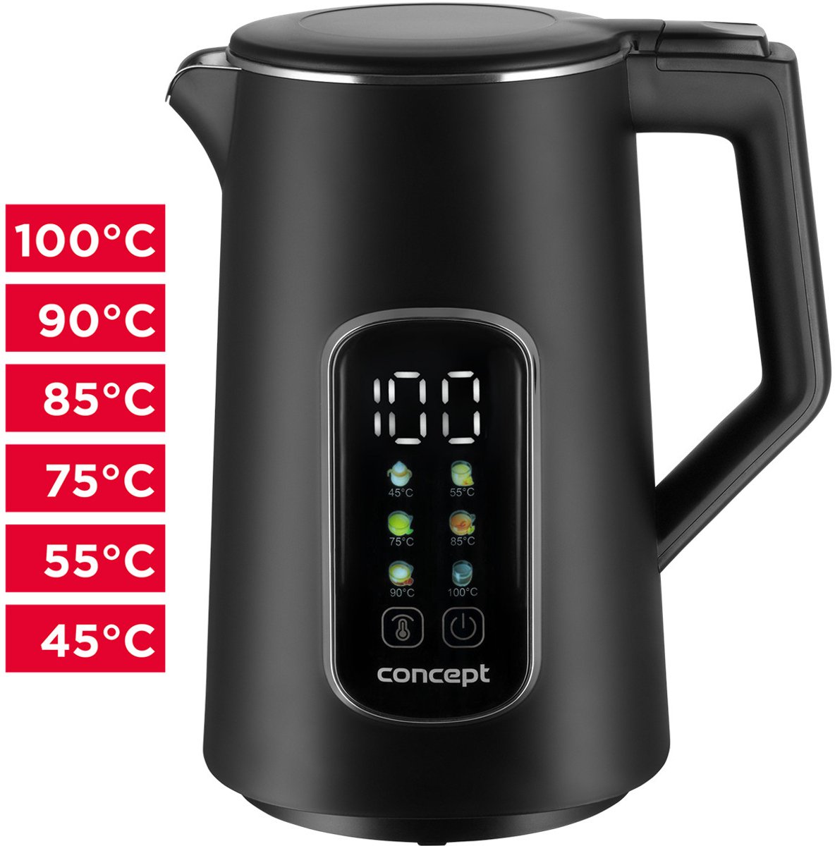 Concept RK3385 - Waterkoker 1,7L - Temperatuurregeling - LED-scherm - Cool touch-oppervlak - Waterpeilindicator - Zwart