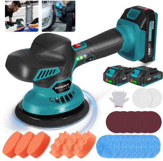 Set teal en zwarte polijstmachine met 2 accu's, lader, handschoenen, polijstpads en schuurpapier.
