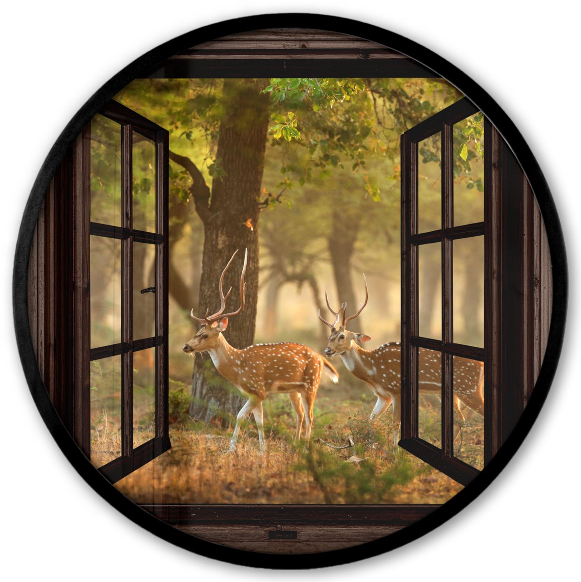 FrameYourWall Poster in lijst Rond - Fotolijst 40x40 cm - Posters - Herten - Bos - Herfst - Bosdieren - Natuur - Hert - Doorkijk - Ronde posterlijst zwart - Decoratie - Wanddecoratie woonkamer - Muurdecoratie slaapkamer Bruin