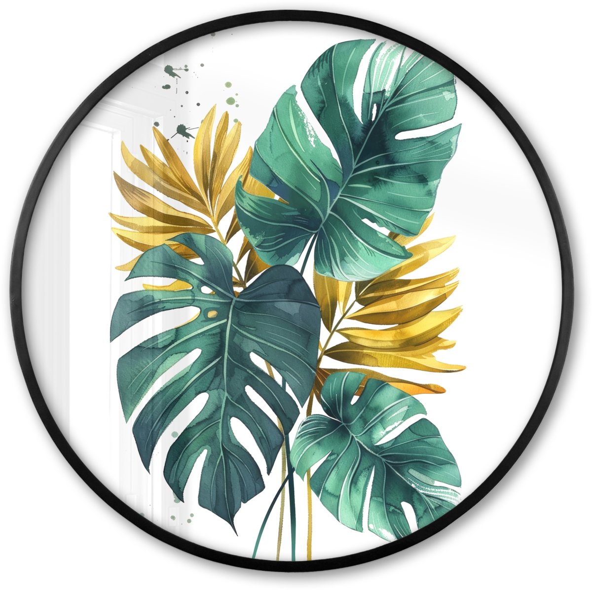 FrameYourWall Poster in lijst Rond - Fotolijst 80x80 cm - Posters - Bladeren - Monstera - Groen - Goud - Modern - Ronde posterlijst zwart - Decoratie - Wanddecoratie woonkamer - Muurdecoratie slaapkamer