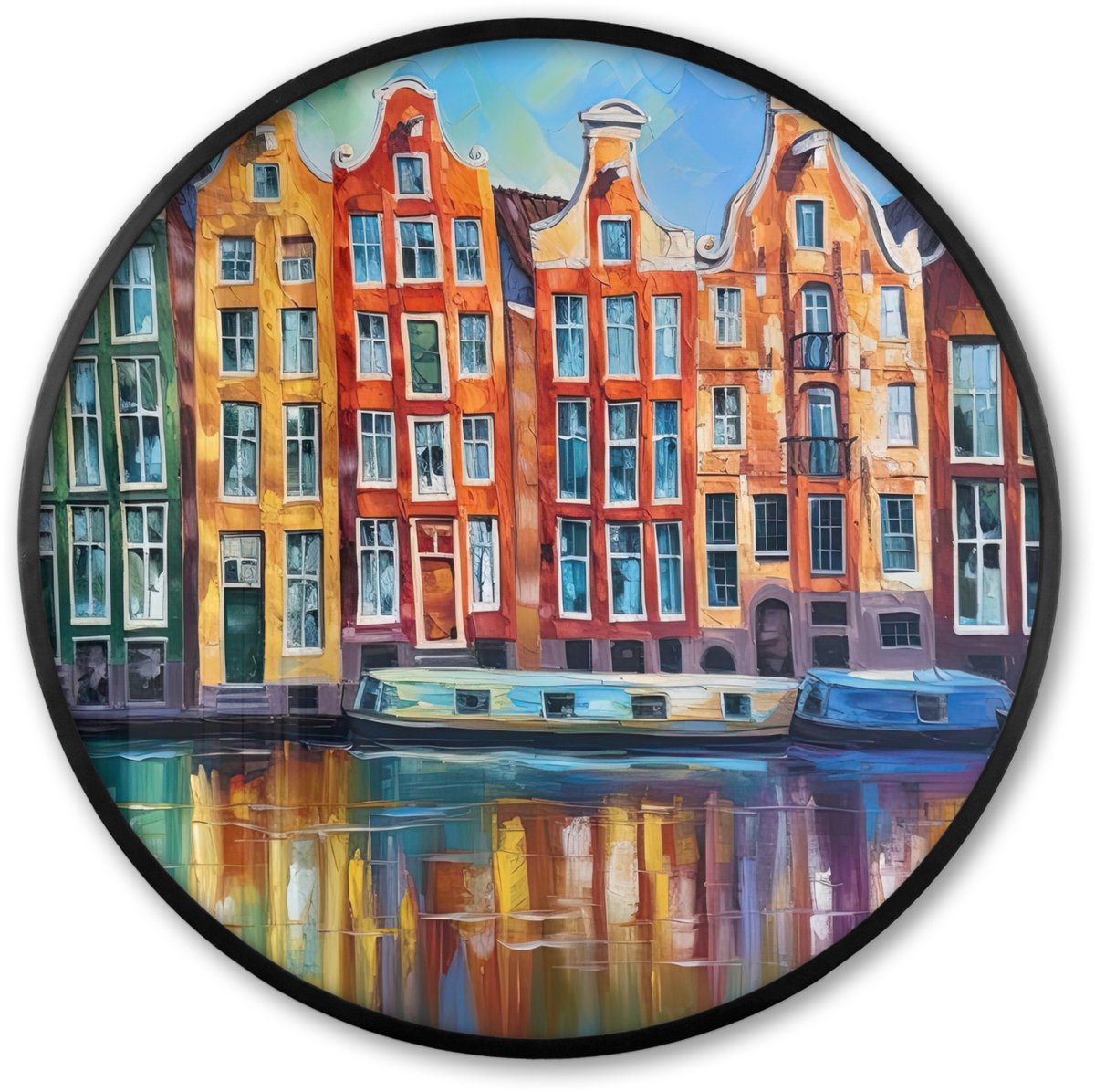FrameYourWall Poster in lijst Rond - Fotolijst 60x60 cm - Posters - Amsterdam - Olieverf - Gracht - Schilderij - Kunst - Ronde posterlijst zwart - Decoratie - Wanddecoratie woonkamer - Muurdecoratie slaapkamer Verf - Amsterdam