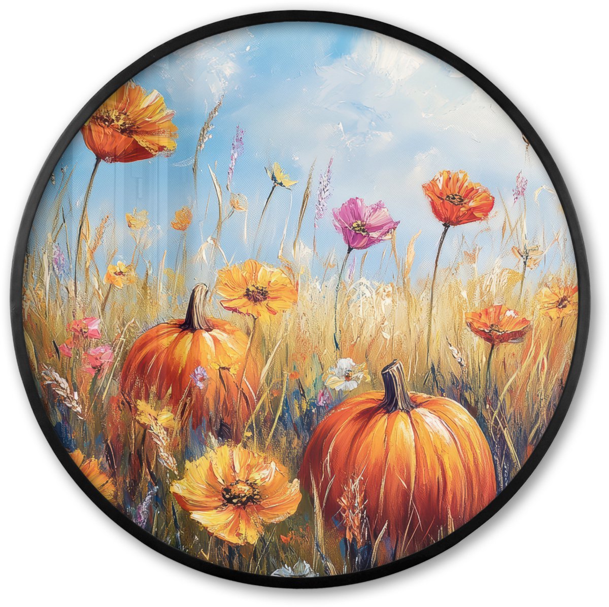 FrameYourWall Poster in lijst Rond - Fotolijst 80x80 cm - Posters - Bloemen - Herfst - Pompoen - Natuur - Landschap - Ronde posterlijst zwart - Decoratie - Wanddecoratie woonkamer - Muurdecoratie slaapkamer Oranje