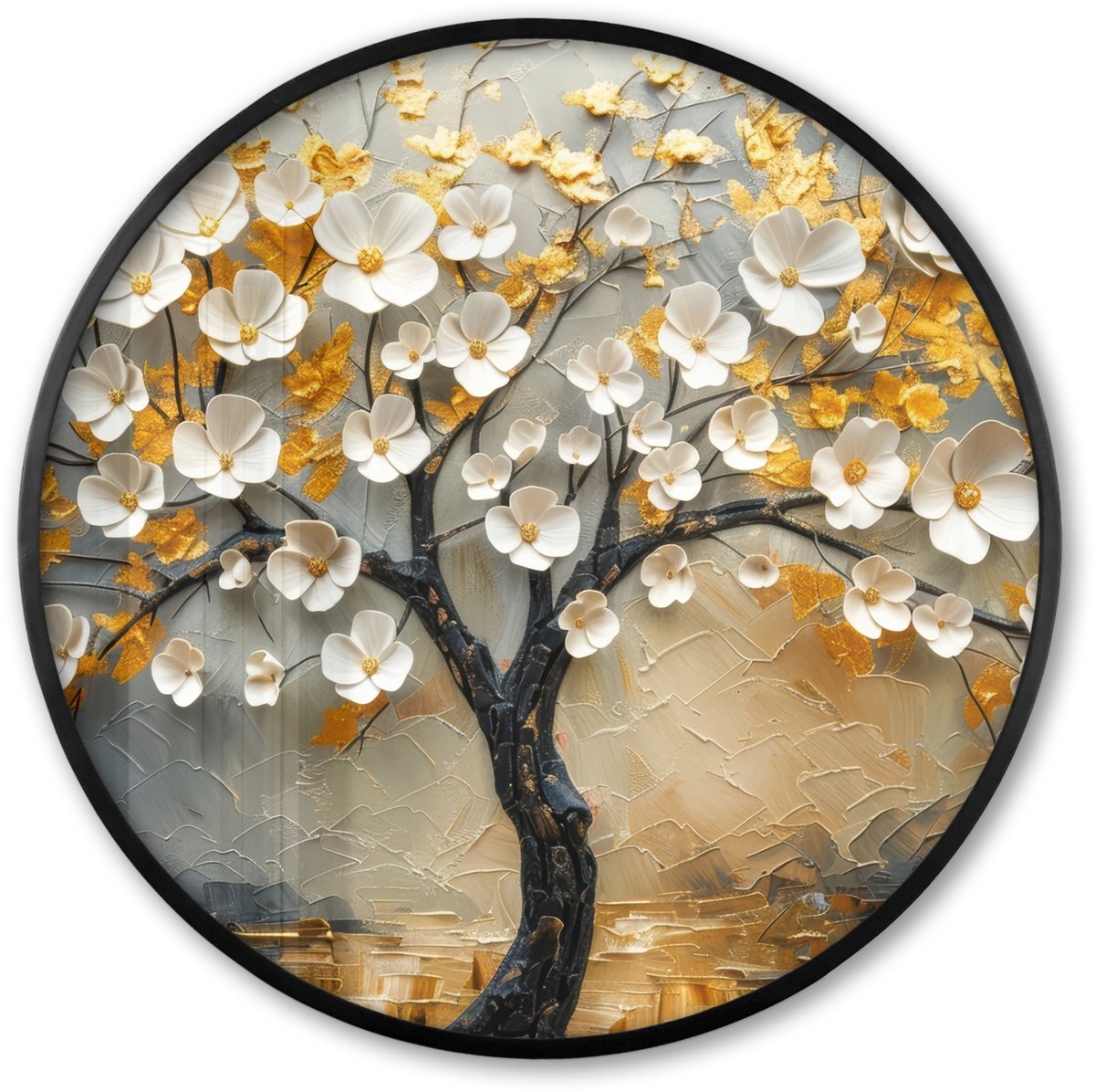 FrameYourWall Poster in lijst Rond - Fotolijst 80x80 cm - Posters - Boom - Bloemen - Goud - Beige - Ronde posterlijst zwart - Decoratie - Wanddecoratie woonkamer - Muurdecoratie slaapkamer
