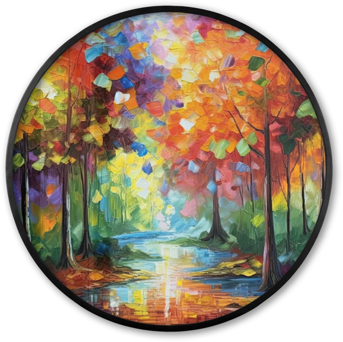 FrameYourWall Poster in lijst Rond - Fotolijst 60x60 cm - Posters - Landschap - Bos - Kleuren - Natuur - Ronde posterlijst zwart - Decoratie - Wanddecoratie woonkamer - Muurdecoratie slaapkamer Bomen - Olieverf