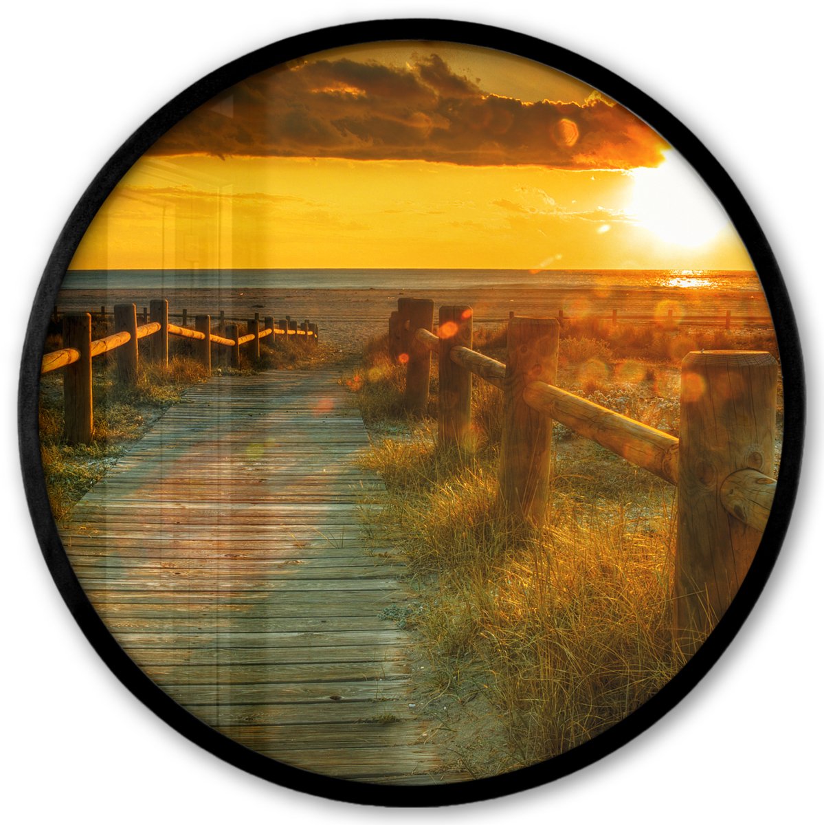 FrameYourWall Poster in lijst Rond - Fotolijst 40x40 cm - Posters - Zon - Strand - Duin - Horizon - Gras - Pad - Oranje - Ronde posterlijst zwart - Decoratie - Wanddecoratie woonkamer - Muurdecoratie slaapkamer Zonsondergang - Pad
