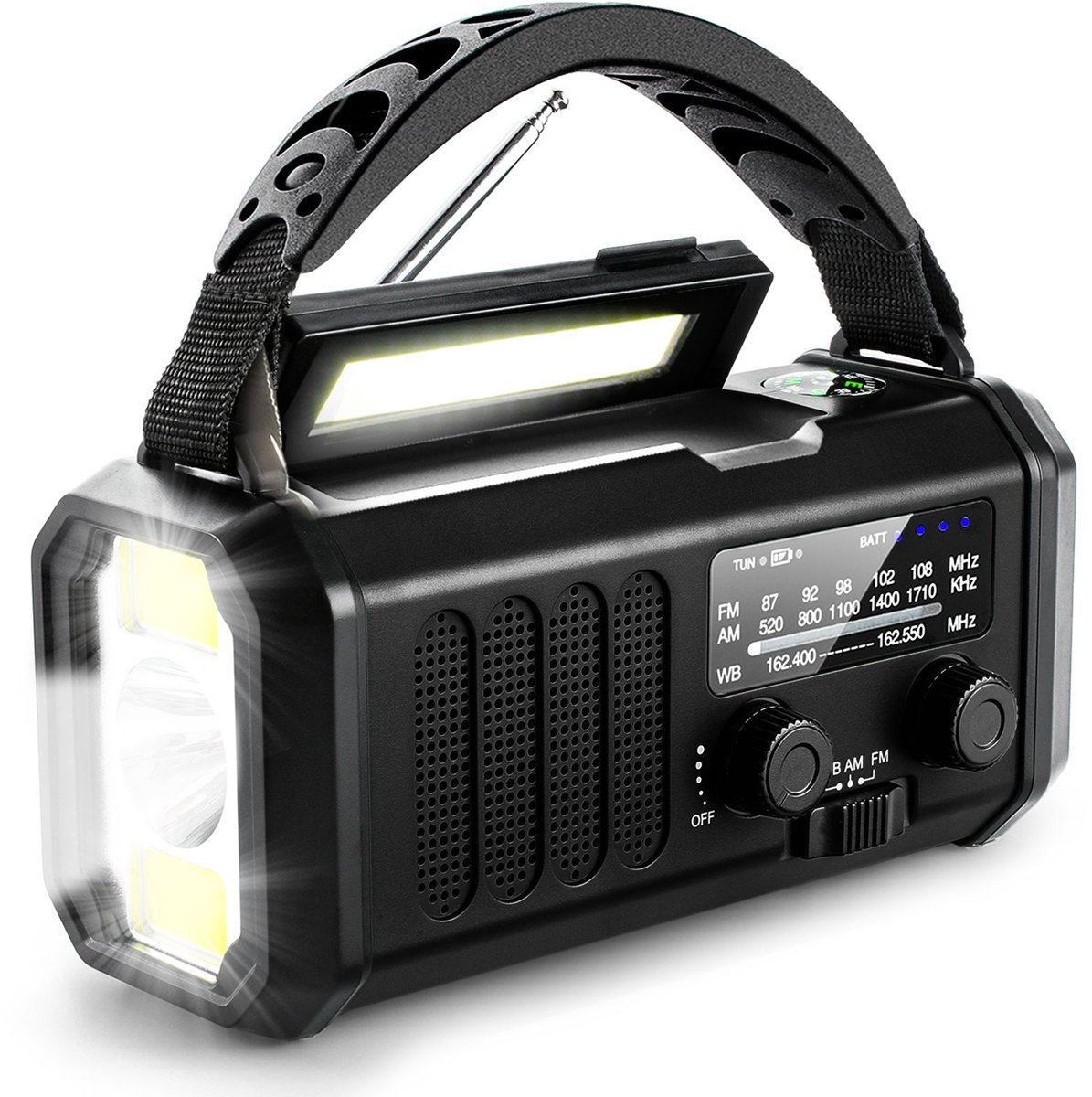Handbediende radio - Noodradio - radio - noodradio solar opwindbaar - 10000mAh powerbank - Multifunctionele buitenverlichting - Zwart