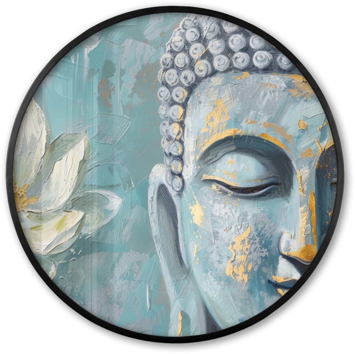 FrameYourWall Poster in lijst Rond - Fotolijst 80x80 cm - Posters - Boeddha - Bloem - Lotus - Goud - Blauw - Ronde posterlijst zwart - Decoratie - Wanddecoratie woonkamer - Muurdecoratie slaapkamer