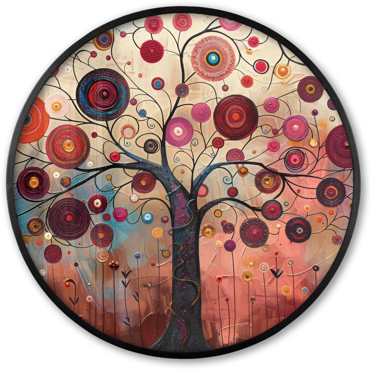 FrameYourWall Poster in lijst Rond - Fotolijst 80x80 cm - Posters - Boom - Paars - Abstract - Kunst - Ronde posterlijst zwart - Decoratie - Wanddecoratie woonkamer - Muurdecoratie slaapkamer