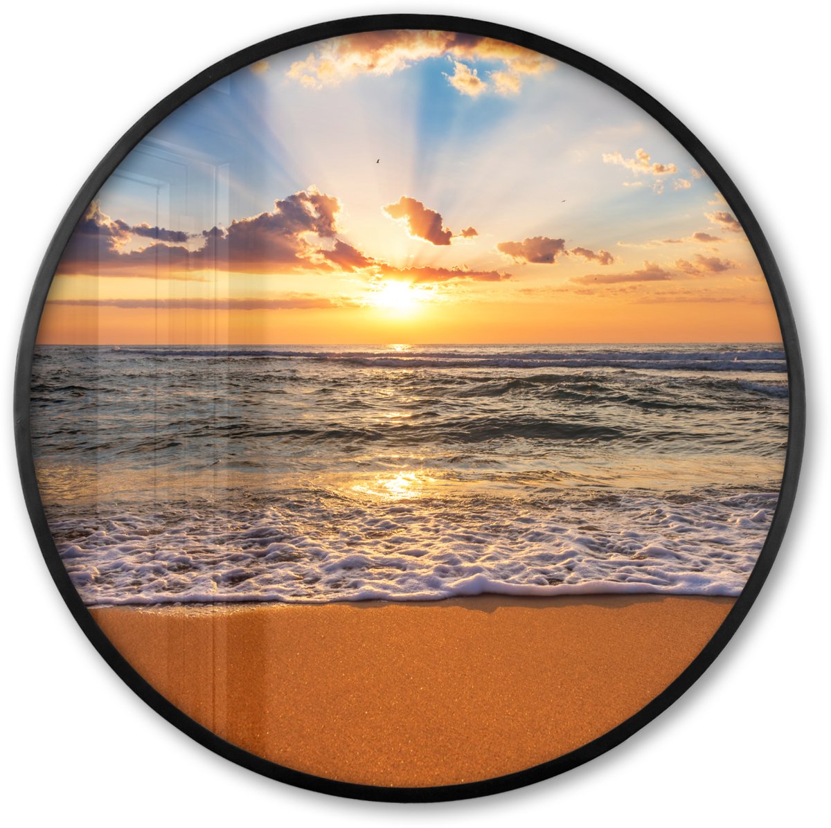 FrameYourWall Poster in lijst Rond - Fotolijst 80x80 cm - Posters - Strand - Zonsondergang - Zee - Wolken - Horizon - Ronde posterlijst zwart - Decoratie - Wanddecoratie woonkamer - Muurdecoratie slaapkamer