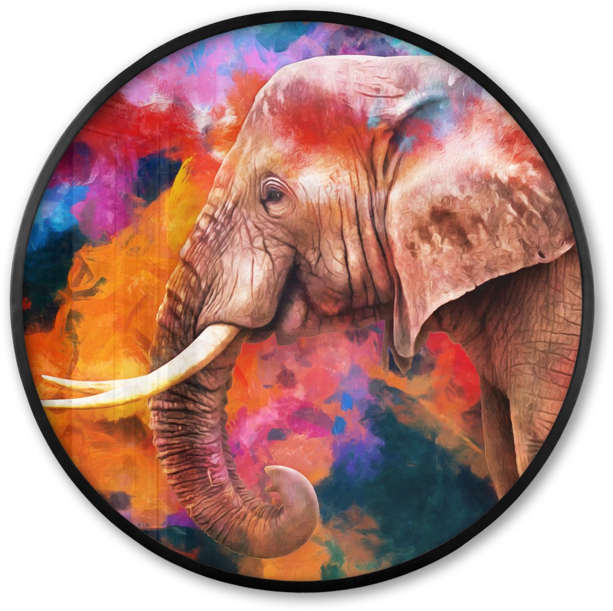 FrameYourWall Poster in lijst Rond - Fotolijst 60x60 cm - Posters - Schilderij - Olieverf - Regenboog - Olifant - Ronde posterlijst zwart - Decoratie - Wanddecoratie woonkamer - Muurdecoratie slaapkamer Multicolor
