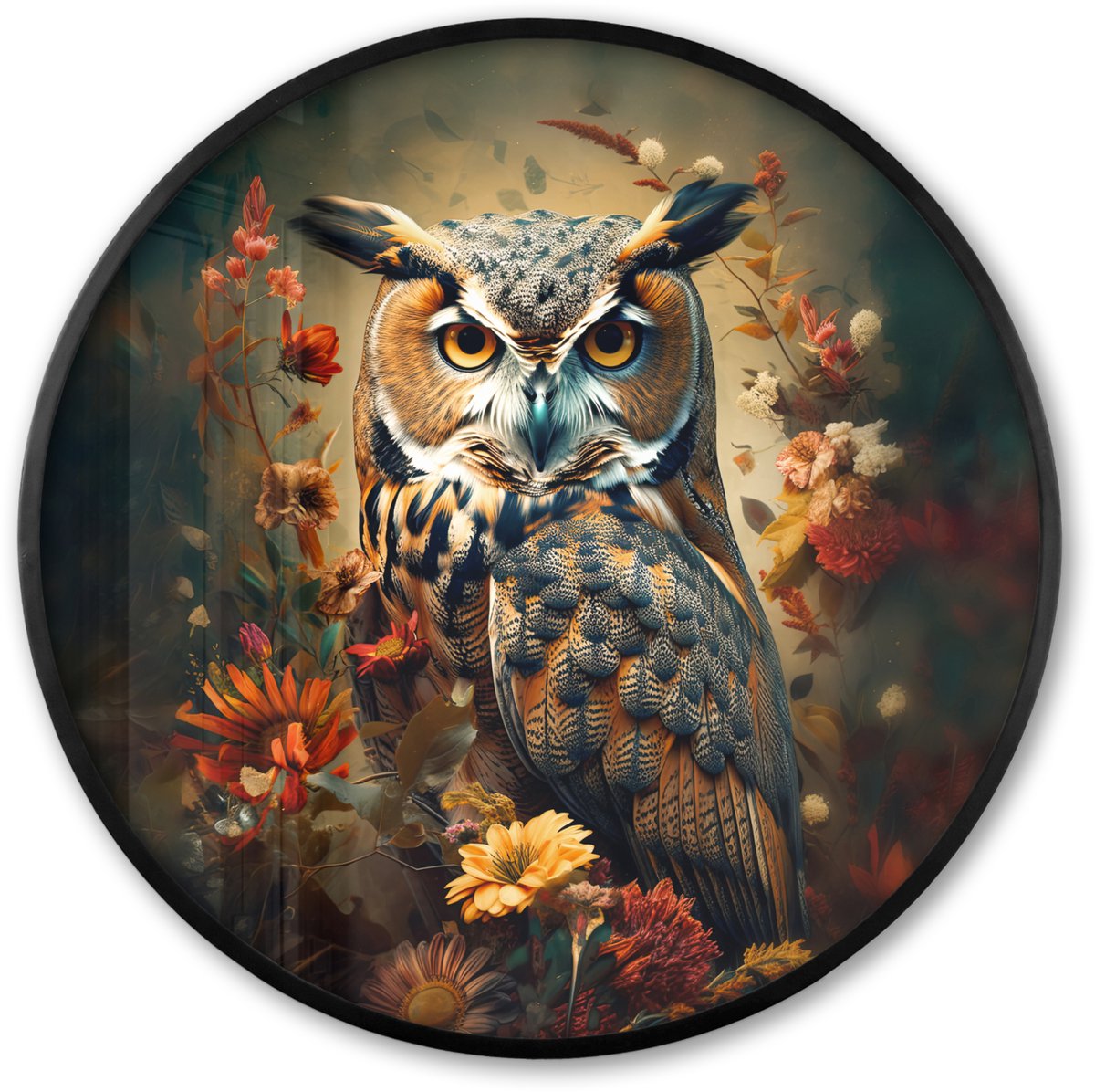 FrameYourWall Poster in lijst Rond - Fotolijst 80x80 cm - Posters - Uil - Vogel - Bloemen - Planten - Botanisch - Ronde posterlijst zwart - Decoratie - Wanddecoratie woonkamer - Muurdecoratie slaapkamer Vogels - Uil