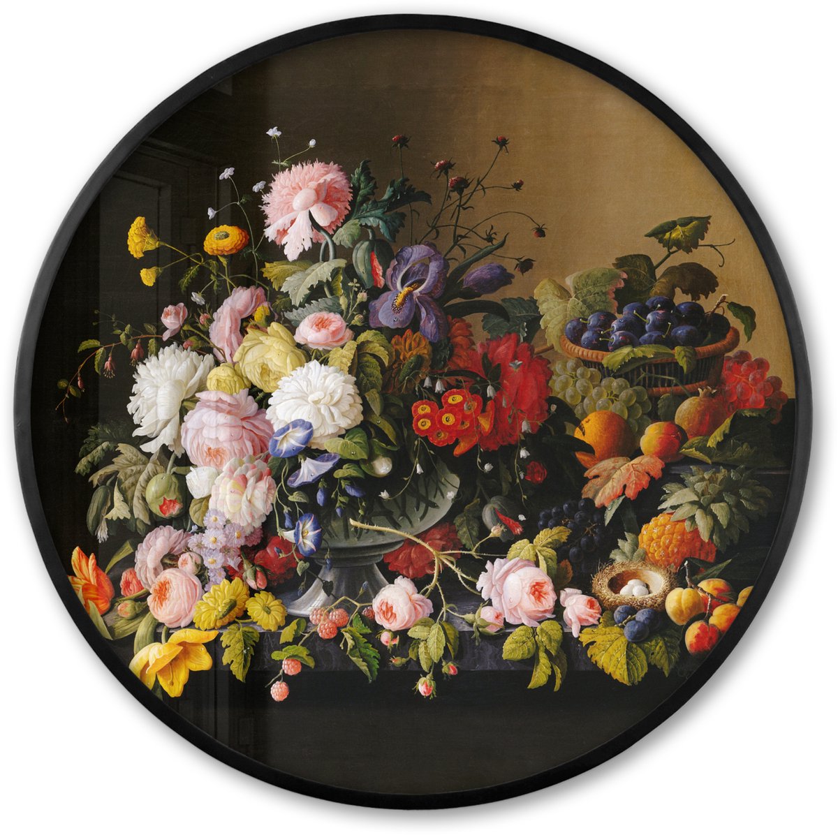 FrameYourWall Poster in lijst Rond - Fotolijst 60x60 cm - Posters - Stilleven met bloemen en fruit - Kunstwerk - Oude meesters - Ronde posterlijst zwart - Decoratie - Wanddecoratie woonkamer - Muurdecoratie slaapkamer Multicolor