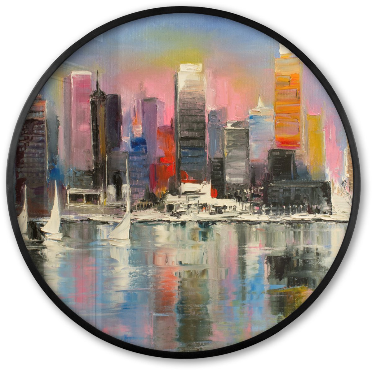FrameYourWall Poster in lijst Rond - Fotolijst 80x80 cm - Posters - Schilderij - Olieverf - Skyline - Water - Ronde posterlijst zwart - Decoratie - Wanddecoratie woonkamer - Muurdecoratie slaapkamer Multicolor