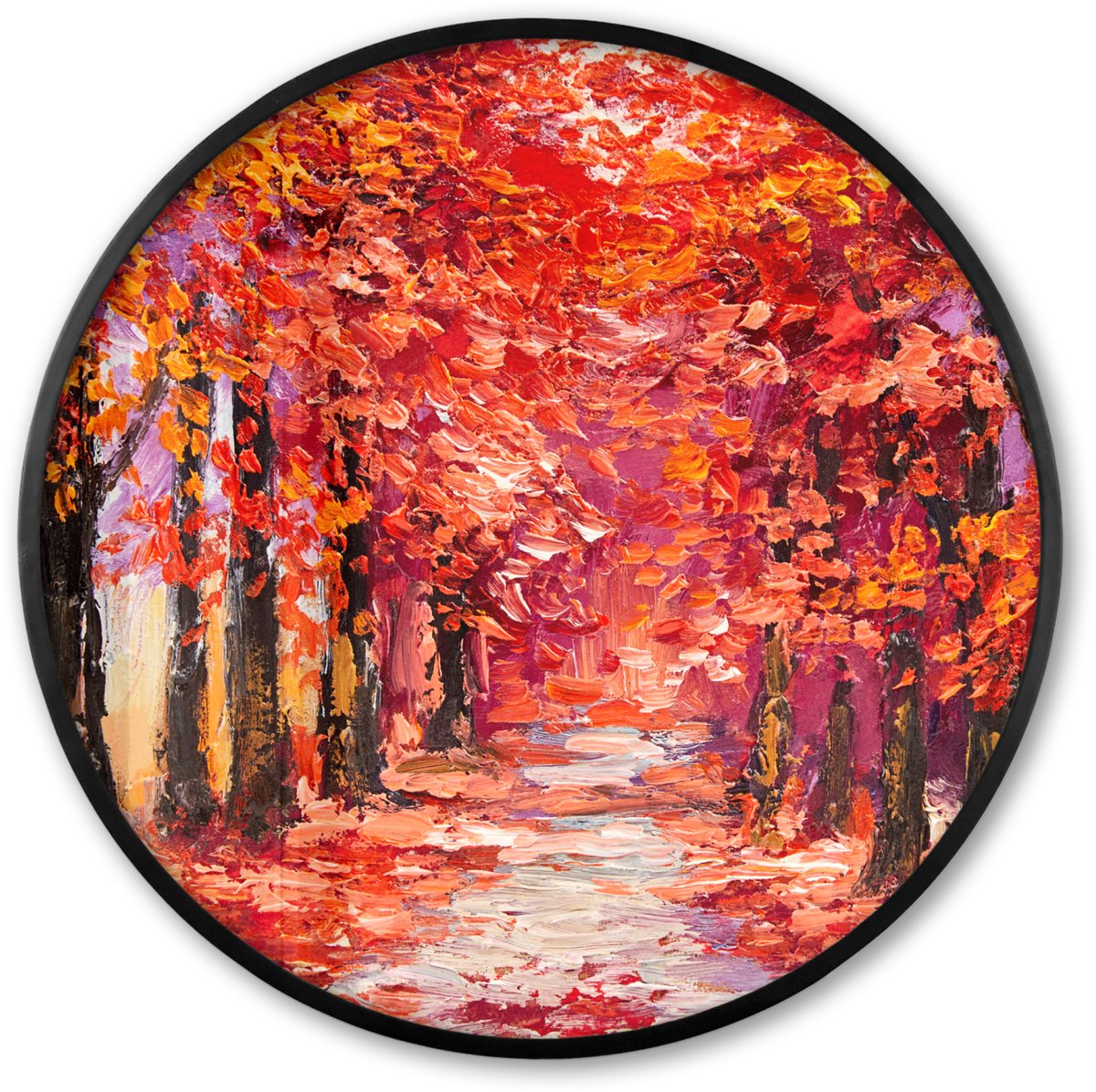 FrameYourWall Poster in lijst Rond - Fotolijst 60x60 cm - Posters - Schilderij - Bomen - Herfst - Olieverf - Ronde posterlijst zwart - Decoratie - Wanddecoratie woonkamer - Muurdecoratie slaapkamer Olieverf - Bos - Rood