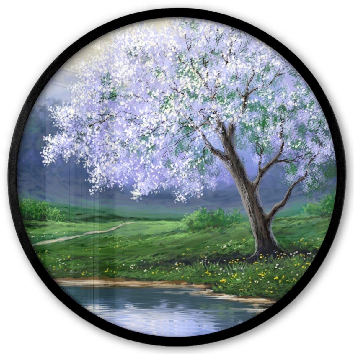 FrameYourWall Poster in lijst Rond - Fotolijst 40x40 cm - Posters - Schilderij - Boom - Bloesem - Natuur - Water - Ronde posterlijst zwart - Decoratie - Wanddecoratie woonkamer - Muurdecoratie slaapkamer Multicolor