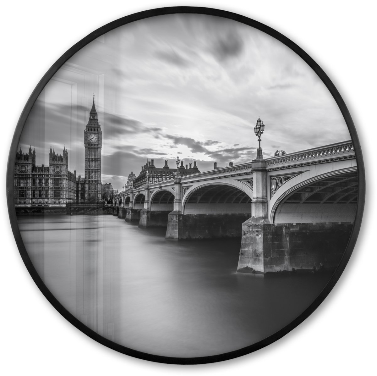 FrameYourWall Poster in lijst Rond - Fotolijst 80x80 cm - Posters - Brug - Architectuur - Engeland - Zwart wit - Ronde posterlijst zwart - Decoratie - Wanddecoratie woonkamer - Muurdecoratie slaapkamer Londen - Big Ben