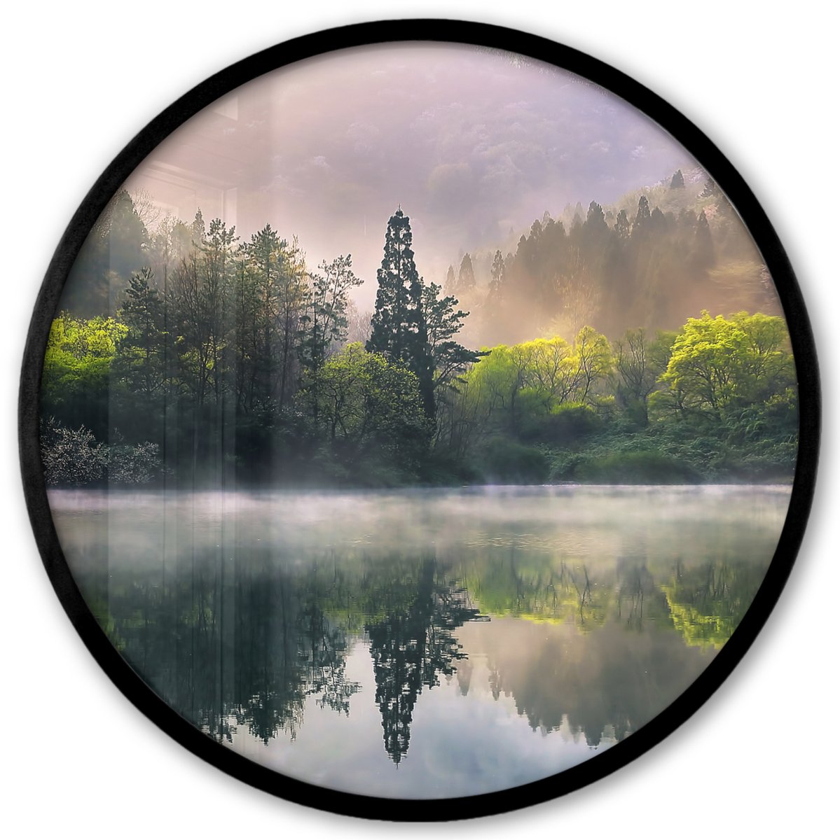 FrameYourWall Poster in lijst Rond - Fotolijst 40x40 cm - Posters - Natuur - Bomen - Bergen - Meer - Water - Ronde posterlijst zwart - Decoratie - Wanddecoratie woonkamer - Muurdecoratie slaapkamer Natuur - Bos