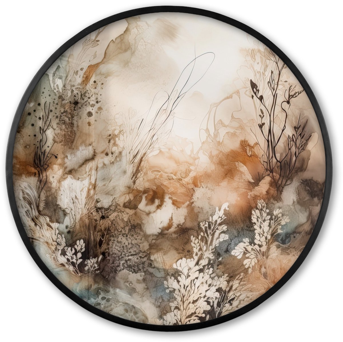 FrameYourWall Poster in lijst Rond - Fotolijst 80x80 cm - Posters - Abstract - Beige - Verf - Kunst - Natuur - Bloemen - Ronde posterlijst zwart - Decoratie - Wanddecoratie woonkamer - Muurdecoratie slaapkamer