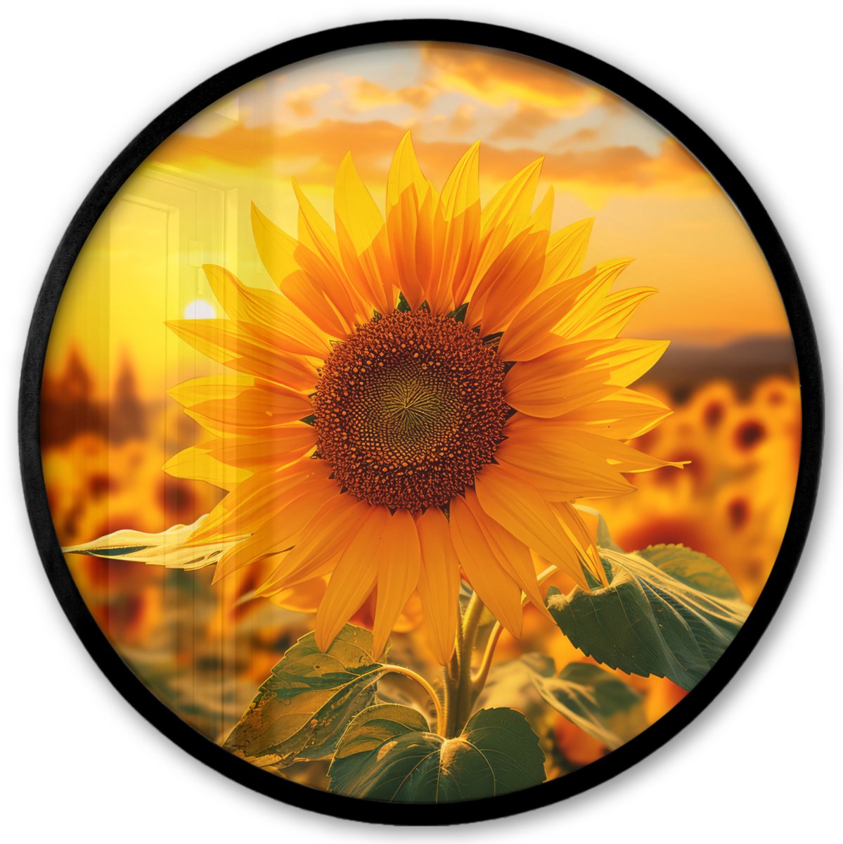 FrameYourWall Poster in lijst Rond - Fotolijst 40x40 cm - Posters - Zonnebloem - Bloemen - Geel - Bloemenveld met zonnebloemen - Ronde posterlijst zwart - Decoratie - Wanddecoratie woonkamer - Muurdecoratie slaapkamer Bloemen - Zonnebloem