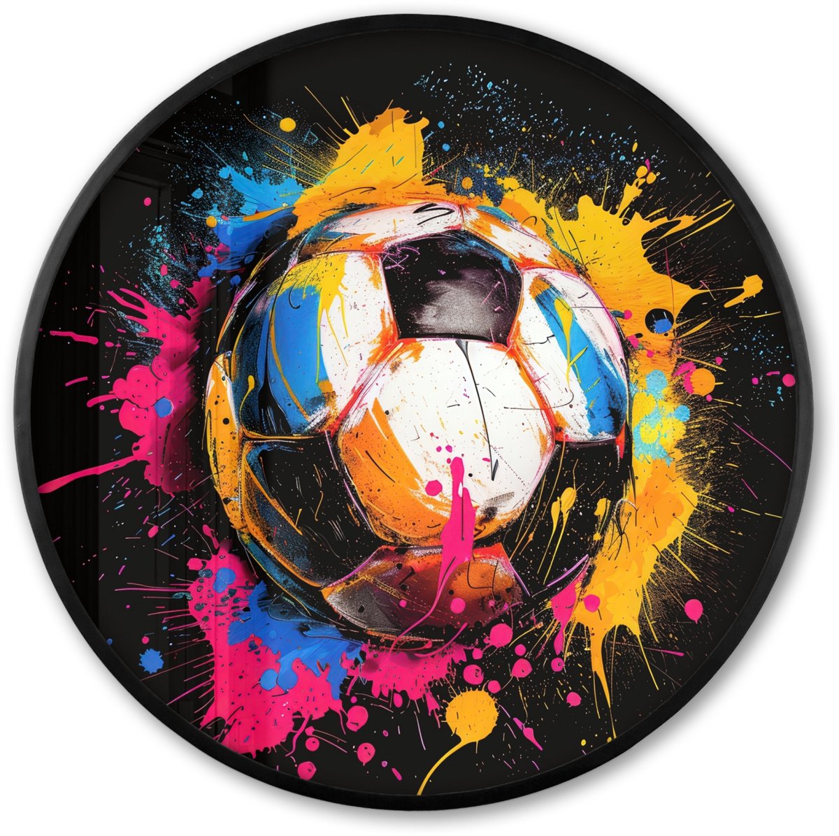 FrameYourWall Poster in lijst Rond - Fotolijst 80x80 cm - Posters - Graffiti - Sport - Voetbal - Verf - Bal - Ronde posterlijst zwart - Decoratie - Wanddecoratie woonkamer - Muurdecoratie slaapkamer