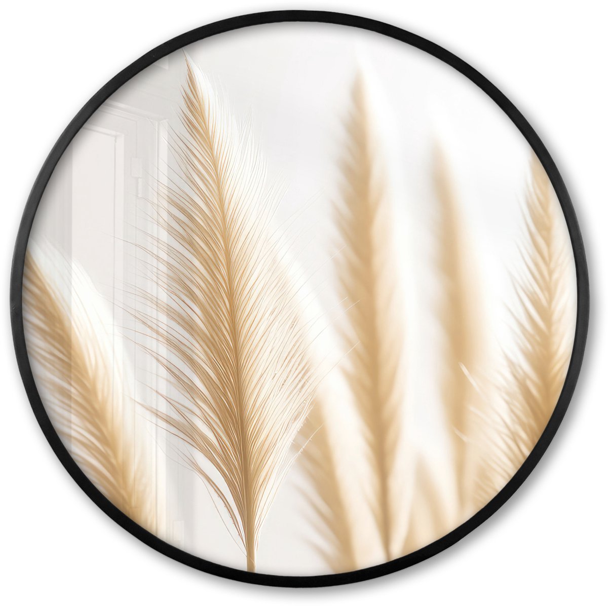 FrameYourWall Poster in lijst Rond - Fotolijst 60x60 cm - Posters - Pampas gras - Pluimen - Beige - Natuur - Ronde posterlijst zwart - Decoratie - Wanddecoratie woonkamer - Muurdecoratie slaapkamer Wit