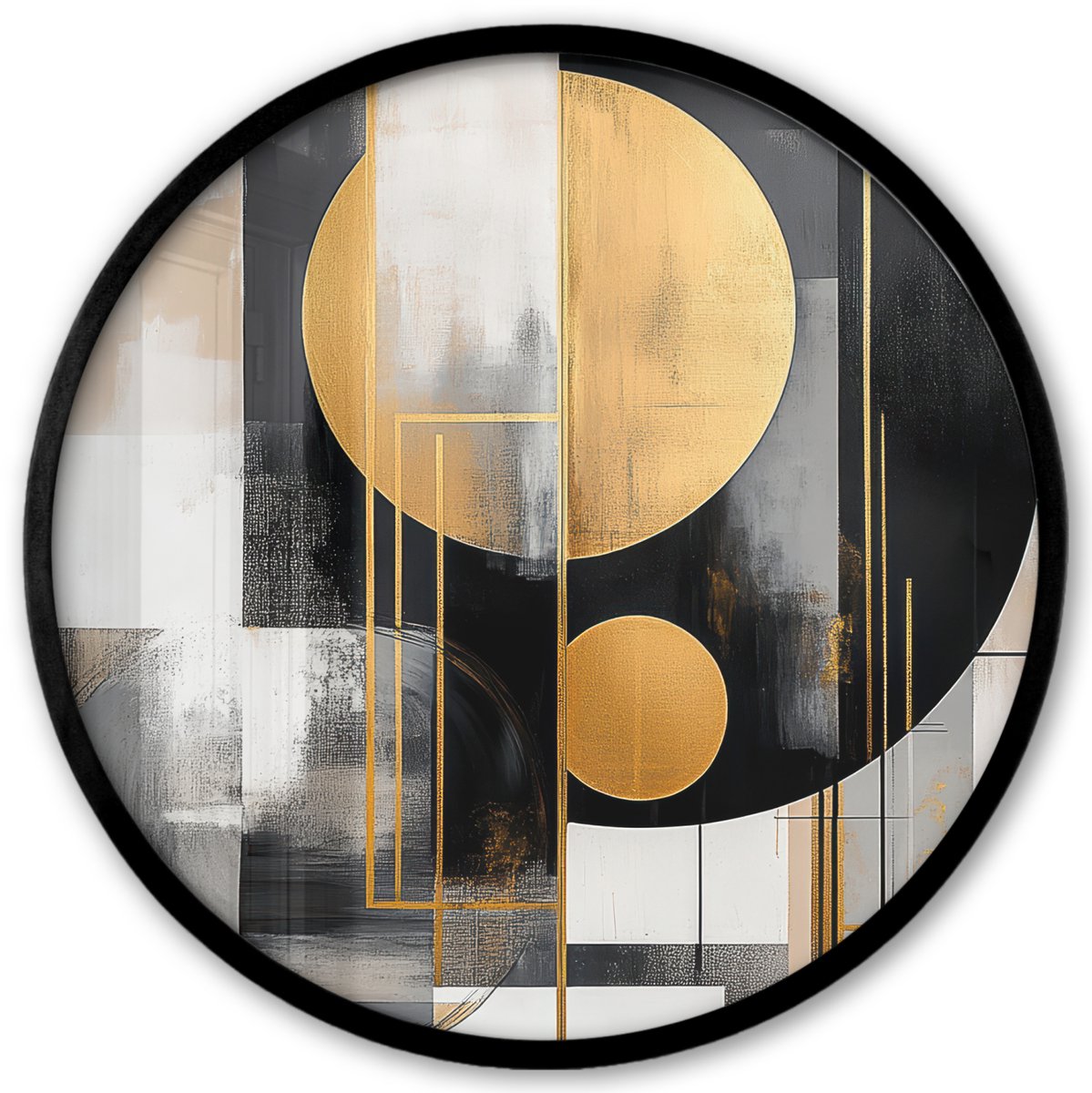 FrameYourWall Poster in lijst Rond - Fotolijst 40x40 cm - Posters - Abstract - Goud - Zilver - Vormen - Aesthetic - Modern - Ronde posterlijst zwart - Decoratie - Wanddecoratie woonkamer - Muurdecoratie slaapkamer Abstracte vormen