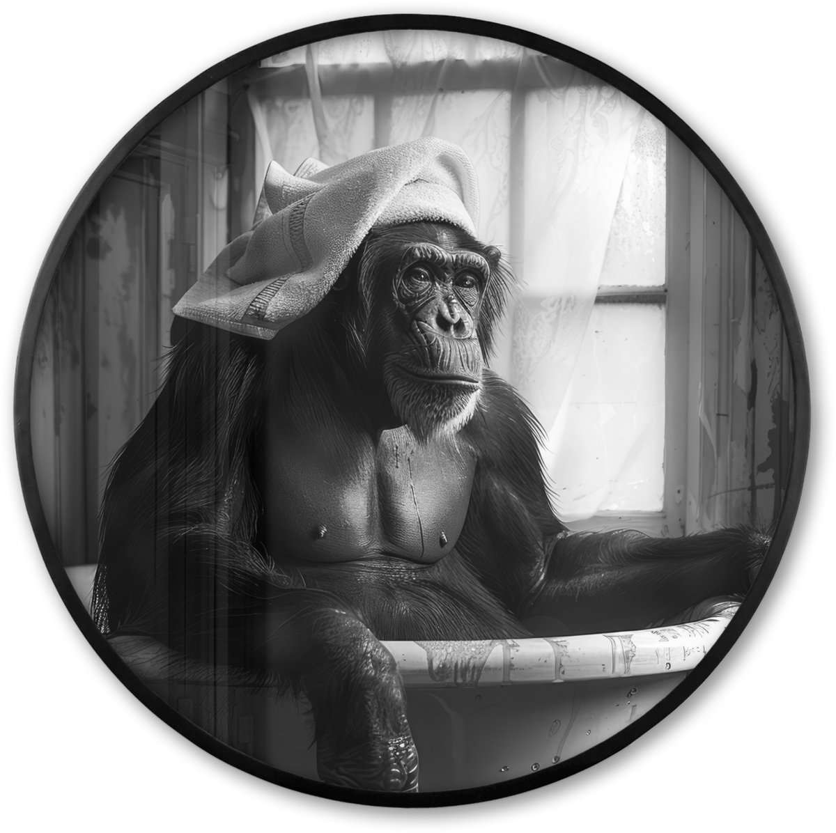 FrameYourWall Poster in lijst Rond - Fotolijst 60x60 cm - Posters - Aap - Dier - Bad - Zwart - Wit - Humor - Ronde posterlijst zwart - Decoratie - Wanddecoratie woonkamer - Muurdecoratie slaapkamer Aap - WC