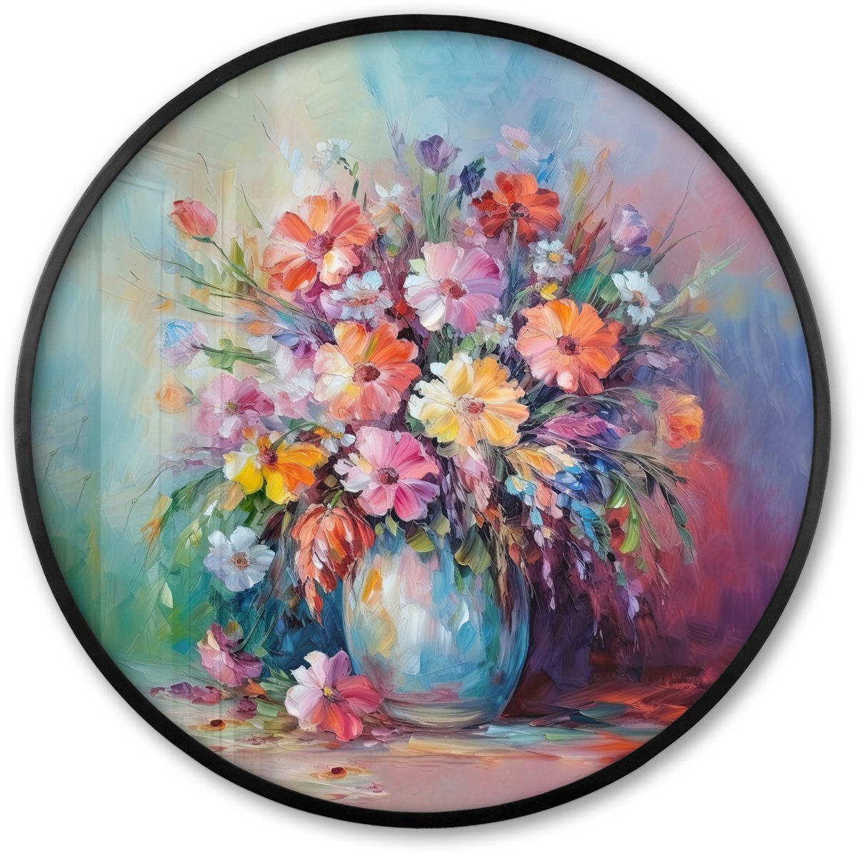 FrameYourWall Poster in lijst Rond - Fotolijst 80x80 cm - Posters - Bloemen - Kunst - Schilderij - Lente - Boeket - Ronde posterlijst zwart - Decoratie - Wanddecoratie woonkamer - Muurdecoratie slaapkamer Bloemen - Vaas