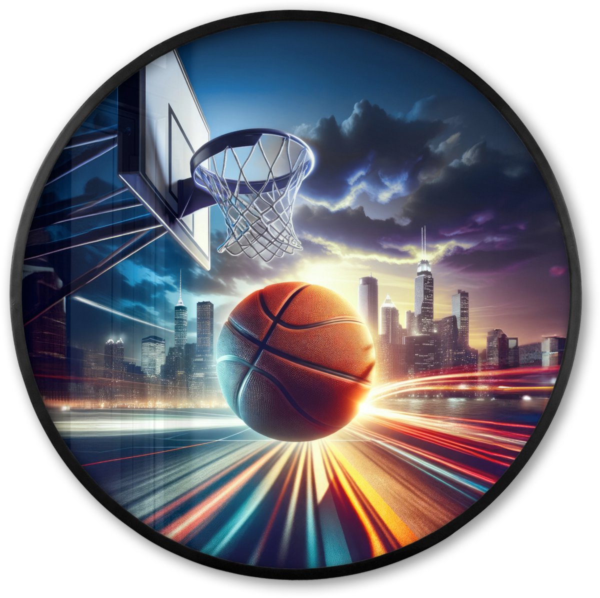 FrameYourWall Poster in lijst Rond - Fotolijst 60x60 cm - Posters - Basketbal - Sport - Basket - Stad - Ronde posterlijst zwart - Decoratie - Wanddecoratie woonkamer - Muurdecoratie slaapkamer