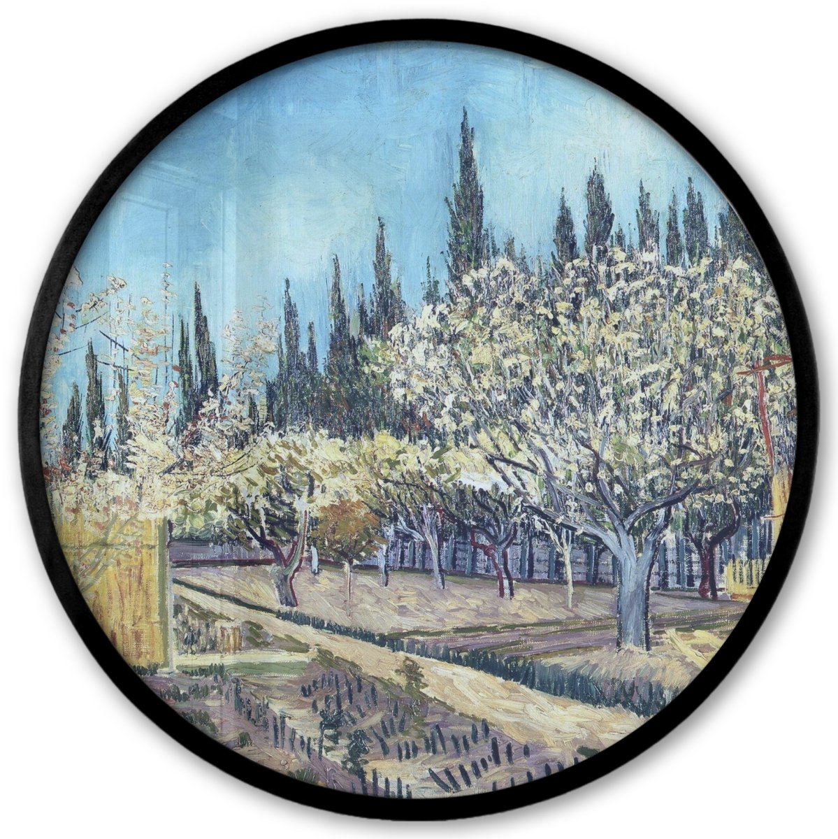 FrameYourWall Poster in lijst Rond - Fotolijst 40x40 cm - Posters - Boomgaard tegen cipressen - Vincent van Gogh - Ronde posterlijst zwart - Decoratie - Wanddecoratie woonkamer - Muurdecoratie slaapkamer Multicolor