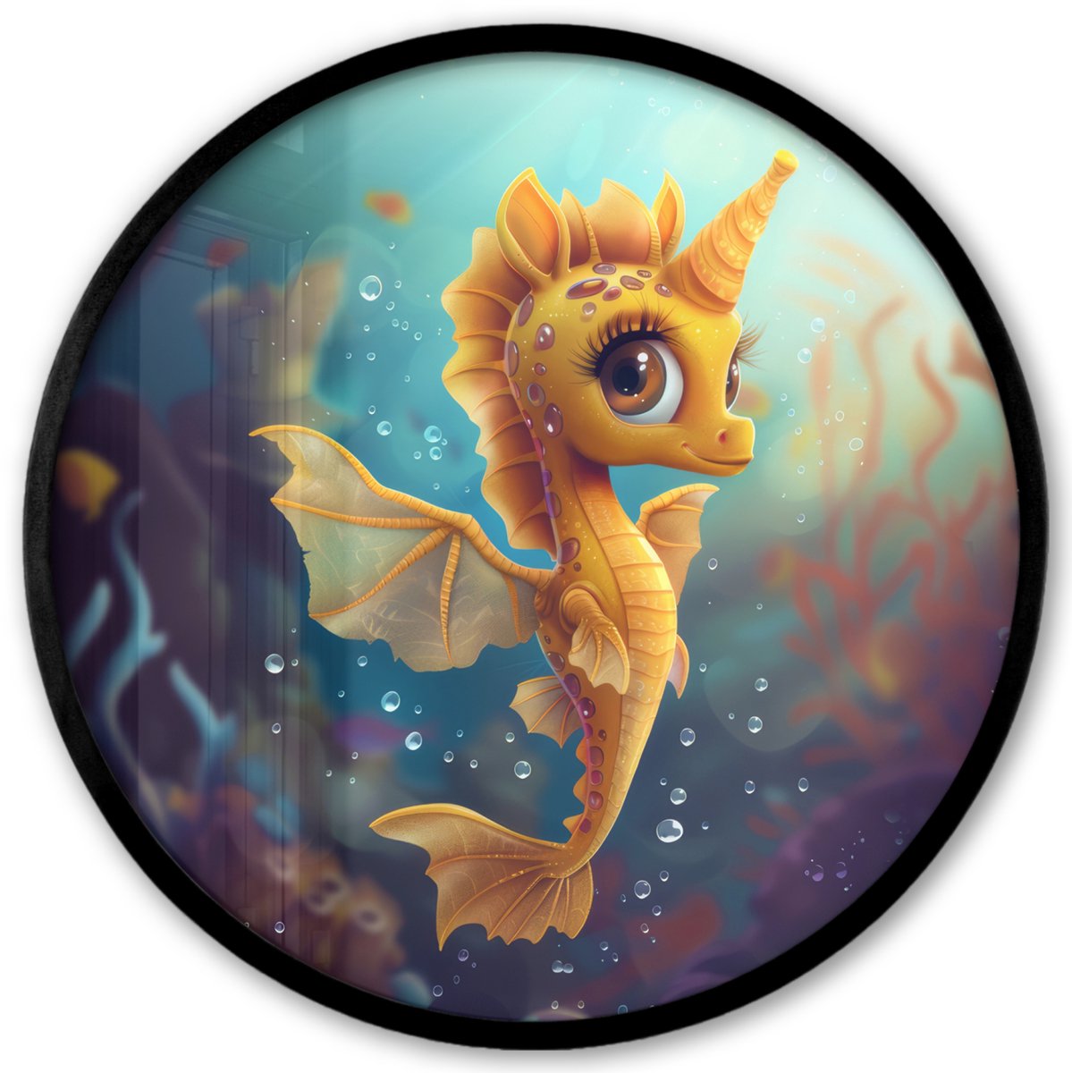 FrameYourWall Poster in lijst Rond - Fotolijst 40x40 cm - Posters - Zeepaardje - Onderwater - Zeedieren - Oceaan - Ronde posterlijst zwart - Decoratie - Wanddecoratie woonkamer - Muurdecoratie slaapkamer