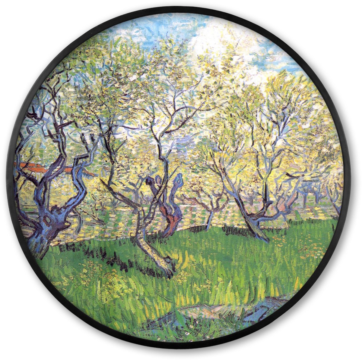 FrameYourWall Poster in lijst Rond - Fotolijst 60x60 cm - Posters - Boomgaard met bloeiende pruimenbomen - Vincent van Gogh - Ronde posterlijst zwart - Decoratie - Wanddecoratie woonkamer - Muurdecoratie slaapkamer Multicolor