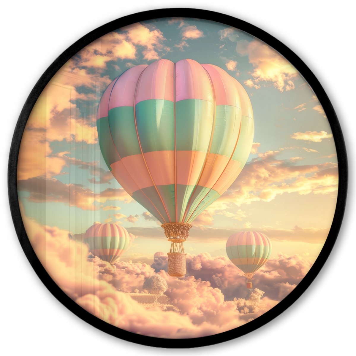 FrameYourWall Poster in lijst Rond - Fotolijst 40x40 cm - Posters - Luchtballon - Dromen - Wolken - Lucht - Ronde posterlijst zwart - Decoratie - Wanddecoratie woonkamer - Muurdecoratie slaapkamer Luchtballonnen
