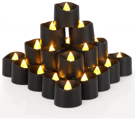EXCITAT Zwarte Batterijgevoede Theelichtjes - Verpakking van 24 - Feestkaarsen - Vlamloos Flikkerend - Perfect geschikt voor Feestdecoraties - 3,6 cm Diameter x 3,6 cm Hoog
