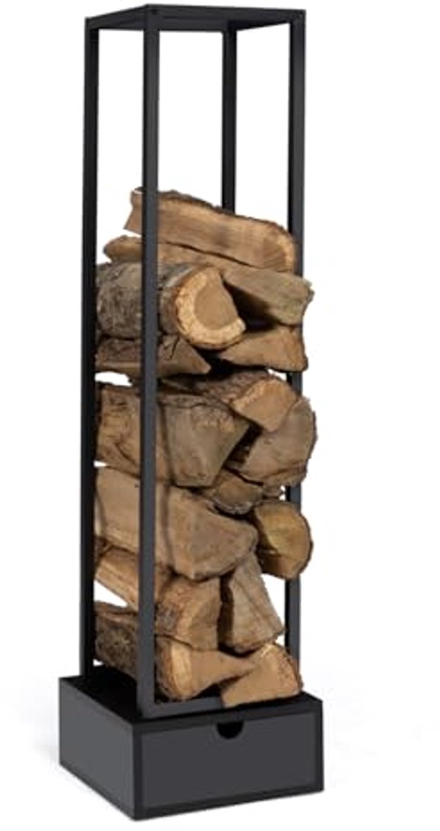 Verticaal Houtopslag Rek - Staal Zwart 125 cm met Lade